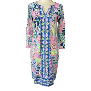 Lilly Pulitzer Shift Dress Womens S Multicolor Tropical Floral 3/4 Sleeve Jersey